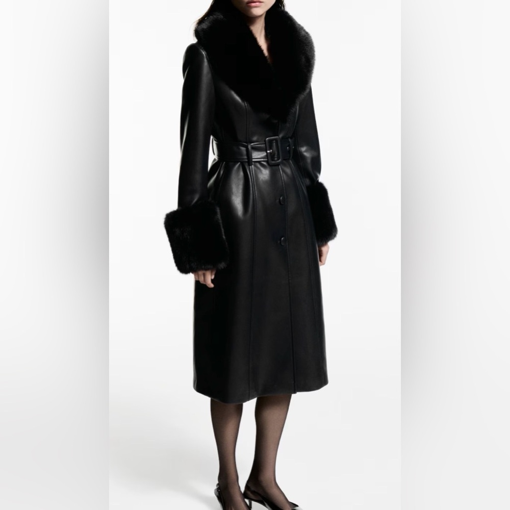 MANGO Leather Coat with Faux Fur Accents